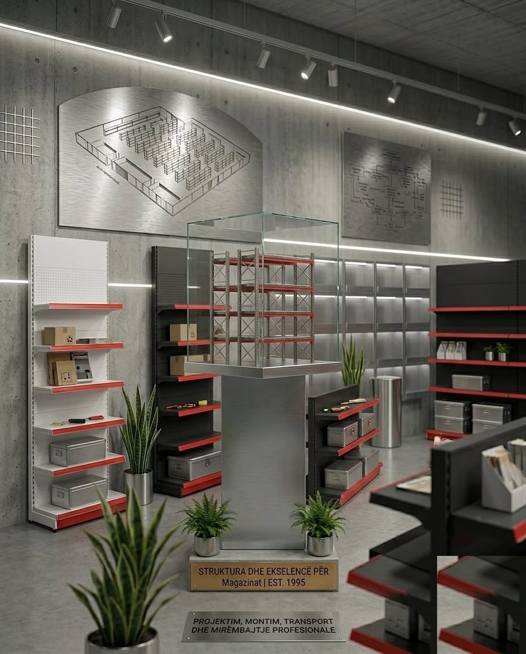 Showroom premium me rafte metalike nen ndricim